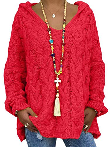 Minetom Damen Grobstrick Strickpullover mit Kapuze Oversize Kapuzenpullover Causal Langarm Hoodie Pulli Einfarbig Jumper Mantel Oberteile Tops Rot L von Minetom