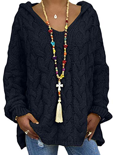 Minetom Damen Grobstrick Strickpullover mit Kapuze Oversize Kapuzenpullover Causal Langarm Hoodie Pulli Einfarbig Jumper Mantel Oberteile Tops Schwarz XXL von Minetom