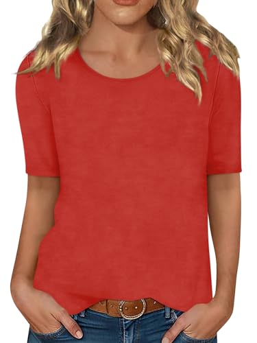 Minetom Damen Halbarm T-Shirt Rundhals Sommer Tshirt Einfarbig Oberteile Basic Shirts A Rot XXL von Minetom