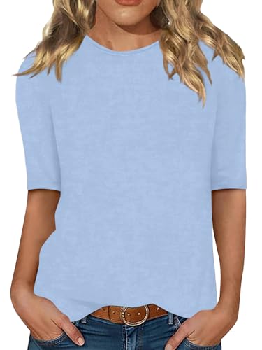 Minetom Damen Halbarm T-Shirt Rundhals Sommer Tshirt Leichte Einfarbig Oberteil Basic Tops A Hellblau M von Minetom
