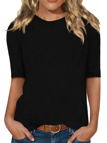 Minetom Damen Halbarm T-Shirt Rundhals Sommer Tshirt Leichte Einfarbig Oberteil Basic Tops A Schwarz M von Minetom