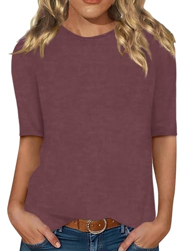Minetom Damen Halbarm T-Shirt Rundhals Sommer Tshirt Leichte Einfarbig Oberteil Basic Tops A Weinrot XL von Minetom