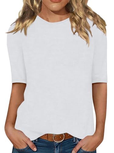 Minetom Damen Halbarm T-Shirt Rundhals Sommer Tshirt Leichte Einfarbig Oberteil Basic Tops A Weiß XL von Minetom