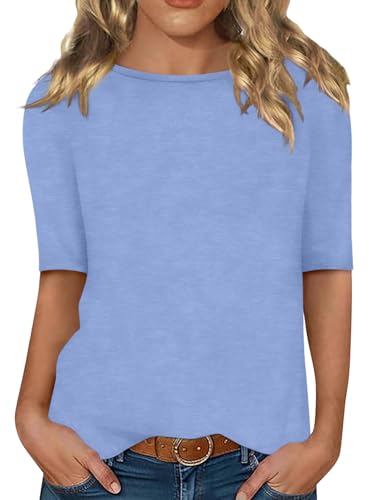 Minetom Damen Halbarm T-Shirt U-Boot Ausschnitt Sommer Tshirt Einfarbig Oberteil Basic Shirts A Blau XXL von Minetom