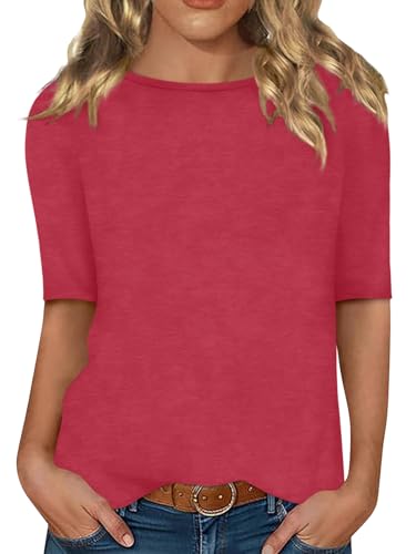 Minetom Damen Halbarm T-Shirt U-Boot Ausschnitt Sommer Tshirt Einfarbig Oberteil Basic Shirts A Rot S von Minetom