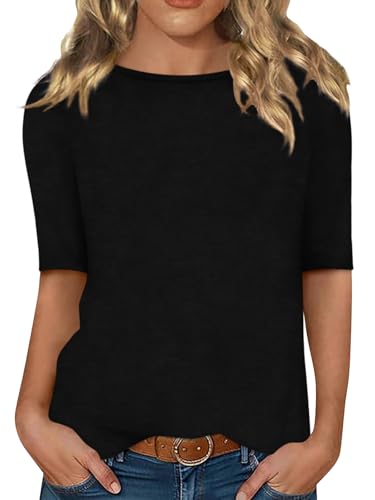 Minetom Damen Halbarm T-Shirt U-Boot Ausschnitt Sommer Tshirt Einfarbig Oberteil Basic Shirts A Schwarz M von Minetom