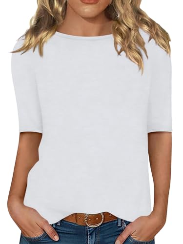 Minetom Damen Halbarm T-Shirt U-Boot Ausschnitt Sommer Tshirt Einfarbig Oberteil Basic Shirts A Weiß L von Minetom