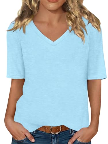 Minetom Damen Halbarm T-Shirt V-Ausschnitt Sommer Tshirt Einfarbig Oberteil Basic Shirts A Hellblau XXL von Minetom