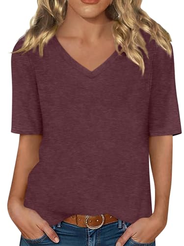 Minetom Damen Halbarm T-Shirt V-Ausschnitt Sommer Tshirt Einfarbig Oberteil Basic Shirts A Weinrot XXL von Minetom