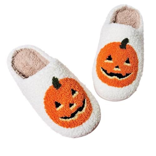 Minetom Damen Halloween Hausschuhe Winter Plüsch Warm Memory Foam Pantoletten Kürbis Spooky Slides Frauen Slippers A2 Weiß 39/40 EU von Minetom