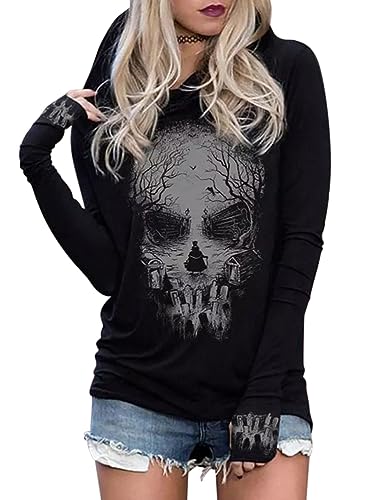 Minetom Damen Halloween Schädel Hoodie Gedruckt Kapuzenpullover Lange Ärmel Gothic Hiphop Hoodies Sweatshirt Mit Kapuze Tops Bluse A Schwarz 01 M von Minetom