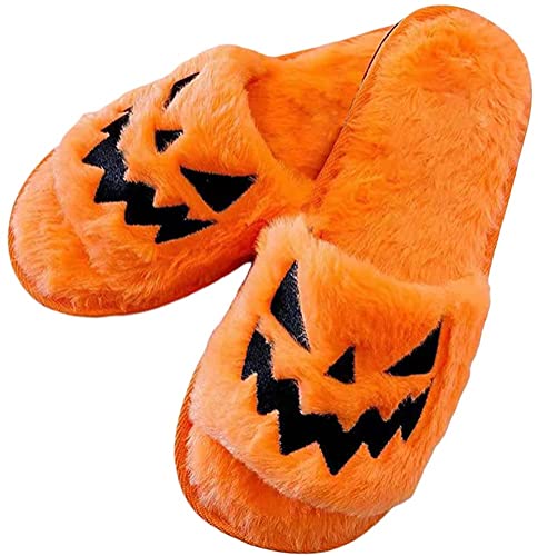 Minetom Damen Hausschuhe Offene Zehe Plüsch Halloween Kürbis Hausschuhe Flauschig Frühling Herbst Warme Slippers Indoor Schlappen A Orange 43 EU von Minetom
