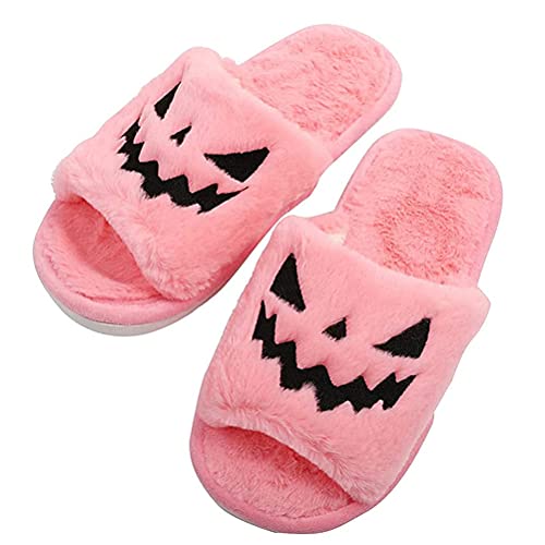 Minetom Damen Hausschuhe Offene Zehe Plüsch Halloween Kürbis Hausschuhe Flauschig Frühling Herbst Warme Slippers Indoor Schlappen A Rosa 41 EU von Minetom