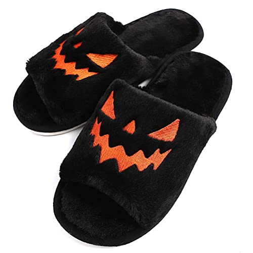 Minetom Damen Hausschuhe Offene Zehe Plüsch Halloween Kürbis Hausschuhe Flauschig Frühling Herbst Warme Slippers Indoor Schlappen A Schwarz 42 EU von Minetom