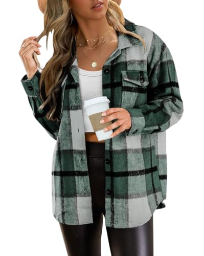 Minetom Damen Hemdjacke Karierte Jacke Langarm Shacket Mantel Flanell Jacke Hemdbluse Mit Knöpfen Bluse Freizeithemd Holzfällerhemd B Grün M von Minetom