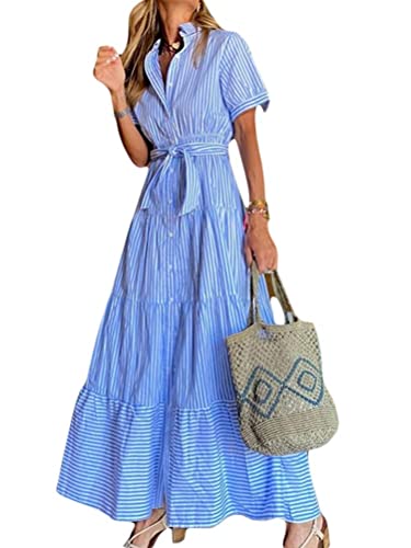 Minetom Damen Hemdkleid Maxikleid Langarm Gestreift Geometrisch mit Schnürung Tasche Taste Herbst Frühling Hemdkragen Stilvoll heiß Alltag Lose C Blau XXL Minetom Damen Hemdkleid Maxikleid Langarm Gestreift Geometrisch mit Schnürung Tasche Taste Herbst Frühling Hemdkragen Stilvoll heiß Alltag Lose C Blau XXL von Minetom