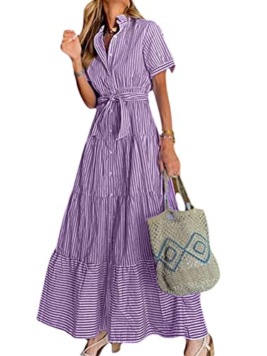 Minetom Damen Hemdkleid Maxikleid Langarm Gestreift Geometrisch mit Schnürung Tasche Taste Herbst Frühling Hemdkragen Stilvoll heiß Alltag Lose C Violett XL von Minetom