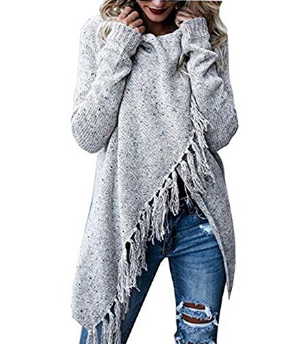 Minetom Damen Herbst Winter Böhmen Quaste Pullover Asymmetrisch Capes Strickjacke Poncho Sweater Grau DE 42 von Minetom