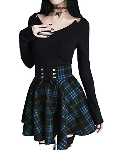 Minetom Damen Herbst Winter Elegant Kariert Faltenrock Tartan Bedruckt Hohe Bund Stretch Mini Skater Doppelt Spitzen Rock Plissee Schulmädchen-Stil A Blau 4XL von Minetom