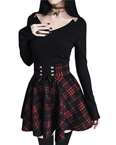 Minetom Damen Herbst Winter Elegant Kariert Faltenrock Tartan Bedruckt Hohe Bund Stretch Mini Skater Doppelt Spitzen Rock Plissee Schulmädchen-Stil A Rot 3XL von Minetom