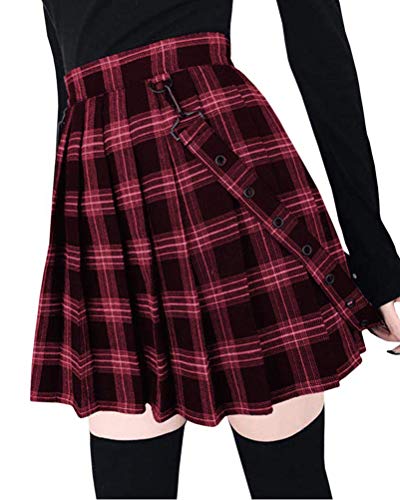 Minetom Damen Herbst Winter Elegant Kariert Faltenrock Tartan Bedruckt Hohe Bund Stretch Mini Skater Doppelt Spitzen Rock Plissee Schulmädchen-Stil B Rot 4XL von Minetom