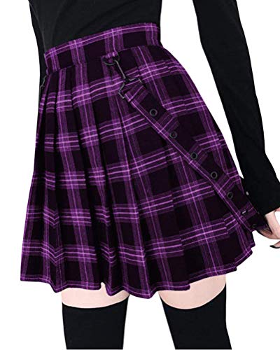 Minetom Damen Herbst Winter Elegant Kariert Faltenrock Tartan Bedruckt Hohe Bund Stretch Mini Skater Doppelt Spitzen Rock Plissee Schulmädchen-Stil B Violett XXL von Minetom