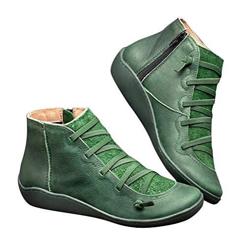 Minetom Damen Herbst Winter Schneeschuhe Flache Stiefeletten aus PU-Leder Schnürstiefel Bequeme Weiche Handgemachte Schuhe Vintage Frauen Kurze Stiefel (01 Grün, 41) von Minetom