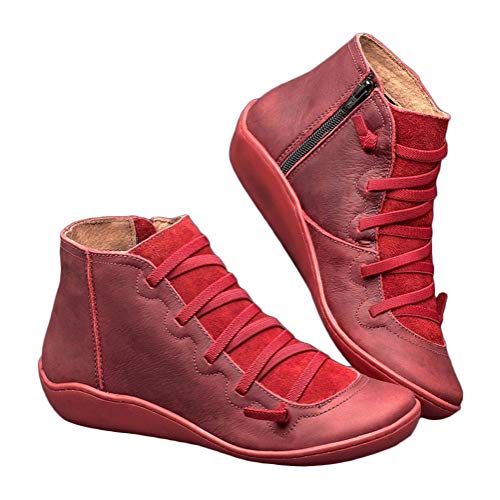 Minetom Damen Herbst Winter Schneeschuhe Flache Stiefeletten aus PU-Leder Schnürstiefel Bequeme Weiche Handgemachte Schuhe Vintage Frauen Kurze Stiefel A Rot 41 EU von Minetom