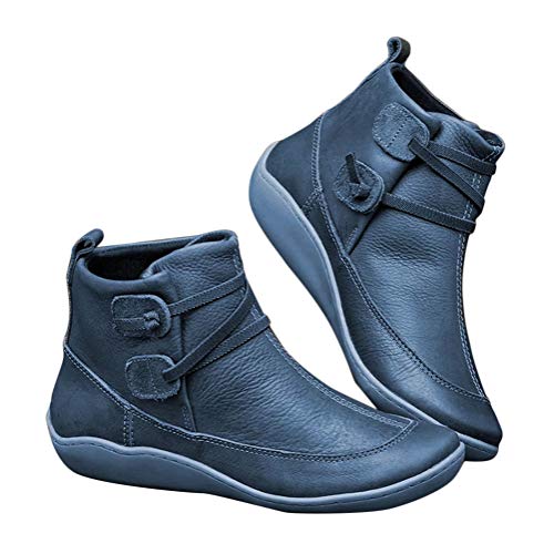 Minetom Damen Herbst Winter Schneeschuhe Flache Stiefeletten aus PU-Leder Schnürstiefel Bequeme Weiche Handgemachte Schuhe Vintage Frauen kurze Stiefel B Blau 43 EU von Minetom