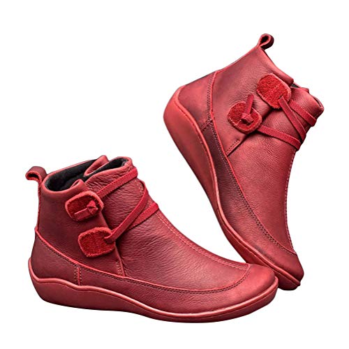 Minetom Damen Herbst Winter Schneeschuhe Flache Stiefeletten aus PU-Leder Schnürstiefel Bequeme Weiche Handgemachte Schuhe Vintage Frauen kurze Stiefel B Rot 37 EU von Minetom