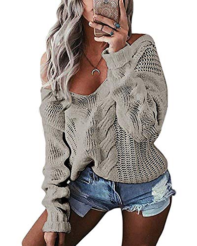 Minetom Damen Herbst Winter Sexy V-Ausschnitt Pullover Casual Loose Schulterfreier Langarm Sweater Jumper Strickwaren Khaki DE 36 von Minetom