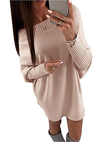 Minetom Damen Herbst Winter Strickkleid Elegant Schulterfrei Langarm Pullover Kleid Lose Sweater Dress Oversized Minikleid (36, Rosa) von Minetom