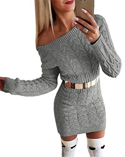 Minetom Damen Herbst Winter Strickkleid Elegant Schulterfrei Langarm Pullover Kleid Lose Sweater Dress Oversized Minikleid Z Grau 36 von Minetom