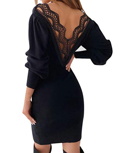 Minetom Damen Herbst Winter Strickkleid Schulterfrei Langarm Pullover Kleid Lose Sweater Dress Oversized Minikleid B Schwarz L von Minetom