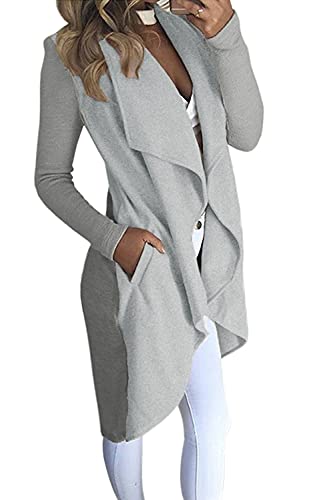 Minetom Damen Herbst und Winter Elegant Mäntel Trench Coat Outwear Wasserfall Schnitt Jacke Lang Kurz dünner Stoffgürtel (DE 40, Grau) von Minetom