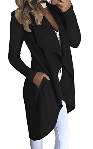 Minetom Damen Herbst und Winter Elegant Mäntel Trench Coat Outwear Wasserfall Schnitt Jacke Lang Kurz dünner Stoffgürtel Schwarz DE 38 von Minetom