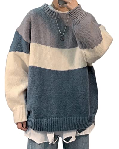 Minetom Damen Herren Strickpullover Oversize Rundhals Langarm Farbblock Strickpulli Pullover Winter Mode Pullover Oberteile Tops D Blau L von Minetom