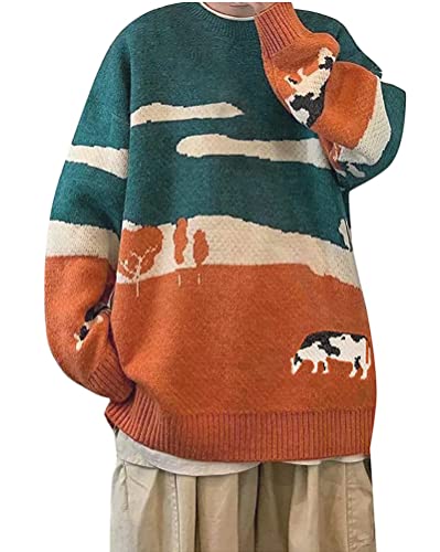 Minetom Damen Herren Strickpullover Oversize Rundhals Langarm Farbblock Strickpulli Teenager Mädchen Pullover Retro Winter Mode Pullover Oberteile Tops C Orange M von Minetom