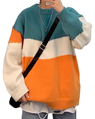 Minetom Damen Herren Strickpullover Oversize Rundhals Langarm Farbblock Strickpulli Teenager Mädchen Pullover Retro Winter Mode Pullover Oberteile Tops D Orange XXL von Minetom