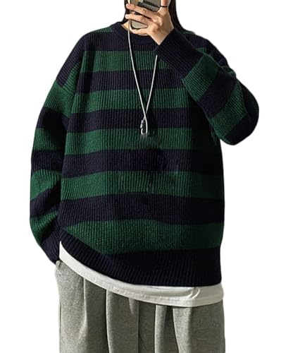 Minetom Damen Herren Strickpullover Oversize Rundhals Langarm Gestreifte College Strickpulli Teenager Mädchen Pullover Retro Winter Mode Pullover Oberteile Tops B Grün L von Minetom