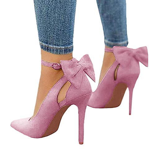 Minetom Damen High Heels Sandalen Pumps Sommerschuhe Sandals Knöchel Party Freizeit Hochzeit Hochhackige Stiletto Schuhe Abendschuhe Mit Bowknot Für Frauen D Pink 37 EU von Minetom