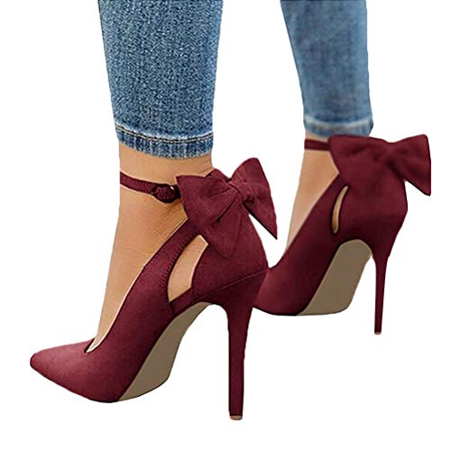 Minetom Damen High Heels Sandalen Pumps Sommerschuhe Sandals Knöchel Party Freizeit Hochzeit Hochhackige Stiletto Schuhe Abendschuhe Mit Bowknot Für Frauen D Rot 42 EU von Minetom