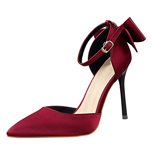 Minetom Damen High Heels Sandalen Pumps Sommerschuhe Sandals Knöchel Party Freizeit Hochzeit Hochhackige Stiletto Schuhe Abendschuhe Satin Elegant Mit Bowknot Für Frauen Weinrot 39 EU von Minetom