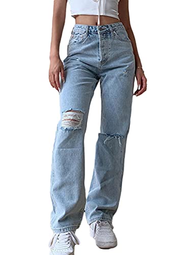 Minetom Damen High Waist Jeans Stretch Jeanshose Zerrissen Destroyed Jeanshose Boyfriend Denim Gerade Hose A Blau S von Minetom