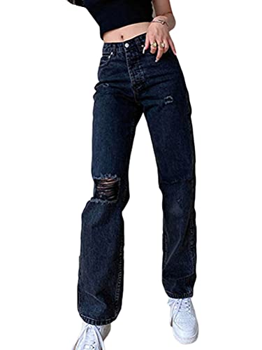 Minetom Damen High Waist Jeans Stretch Jeanshose Zerrissen Destroyed Jeanshose Boyfriend Denim Gerade Hose A Schwarz S von Minetom