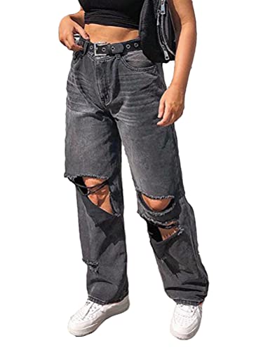 Minetom Damen High Waist Jeans Stretch Jeanshose Zerrissen Destroyed Loose Fit Jeanshose Boyfriend Denim Gerade Hose D Schwarz M von Minetom