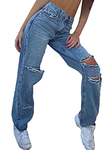 Minetom Damen High Waist Jeans Stretch Jeanshose Zerrissen Destroyed Loose Fit Jeanshose Boyfriend Denim Gerade Hose H Blau L von Minetom