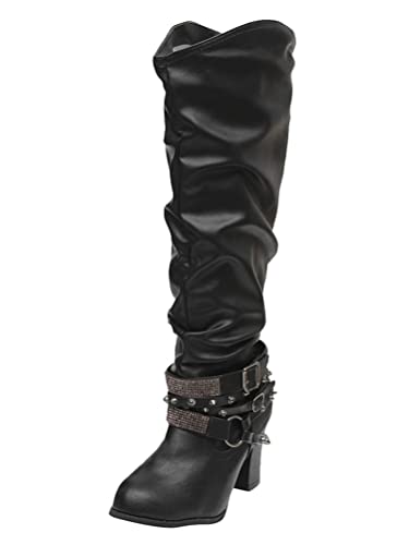 Minetom Damen Hoch Schenkelhoch Stiefel Overknee Party Stretch Block Mitte Absatzhöhe Schwarz 42 EU von Minetom