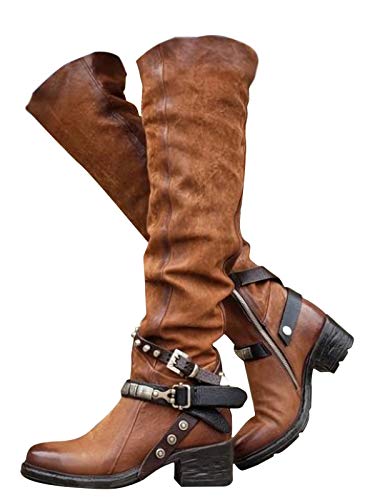 Minetom Damen Hohe Stiefel Winter Schuhe mit Absatz Kunstleder Schnalle Langschaft Overknee Stiefel Kniehohe High Heels Lang Boots Braun 39 EU von Minetom