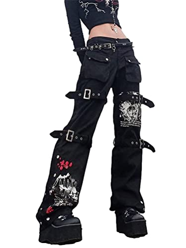 Minetom Damen Hohe Taille Jeanshosen Breites Bein Baggy Jeans Druck Denim Hosen Gothic Dunkel Punk Cargohosen Baggy Streetwear A Schwarz XS von Minetom